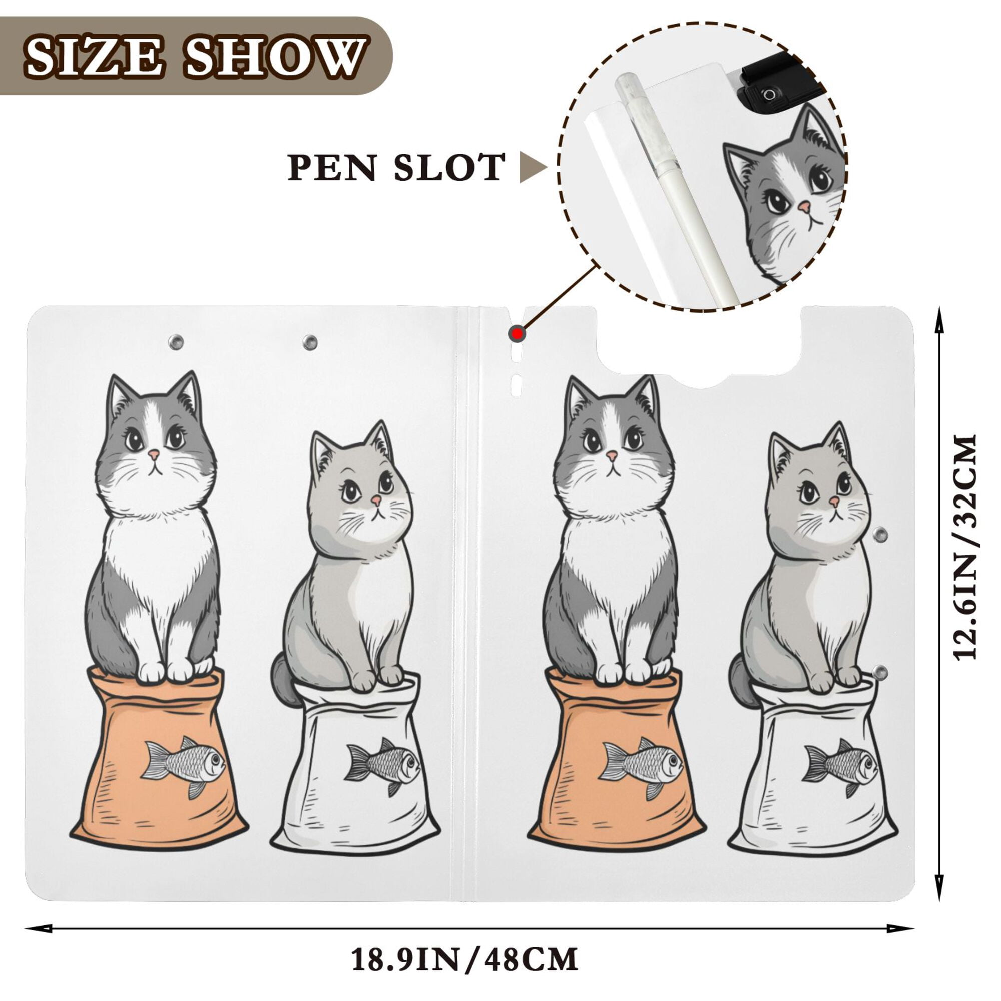 FORMRS A4 Clipboard Folder with Pen Holder Horizontal Foldable School Office Binder, Gray Cute Chubby Cat