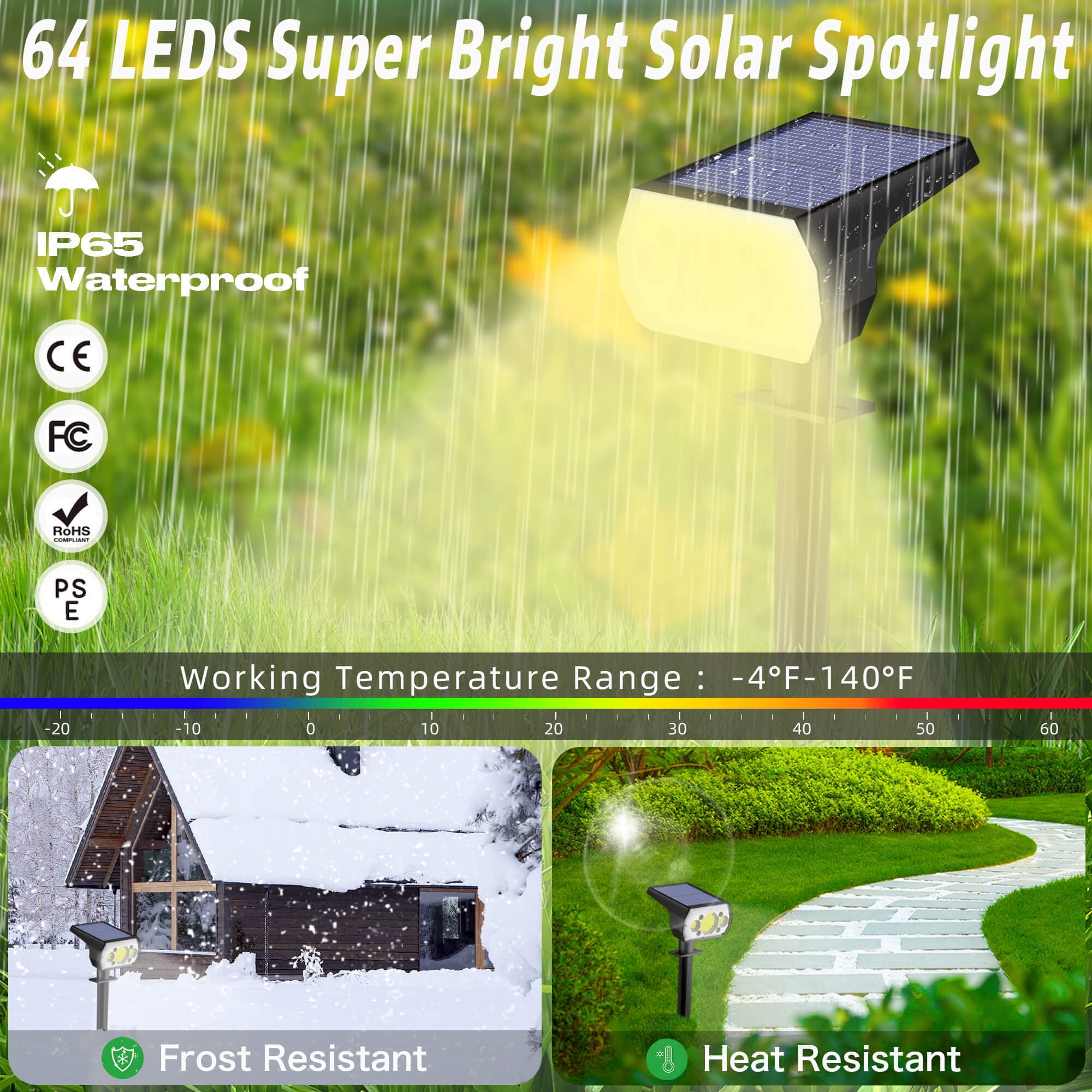 CHARKEE Solar Spot Lights Outdoor,3 Lighting Modes/64 LED Solar Powered Spotlights for The Garden Tree Wall Yard Decor