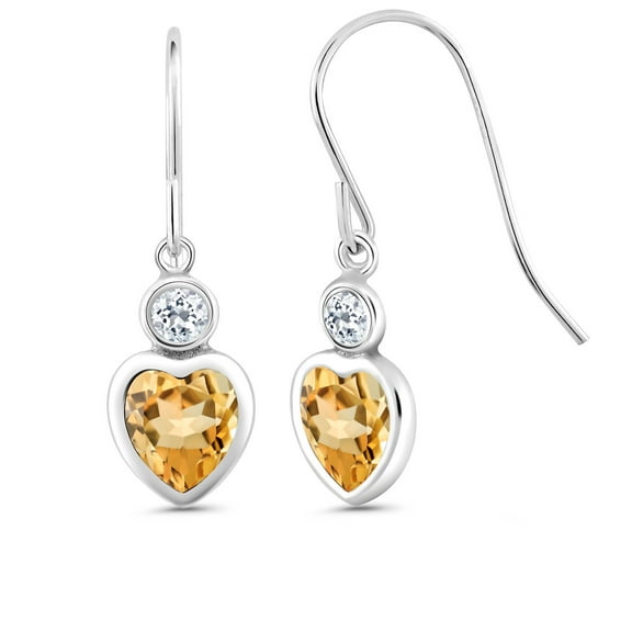 Gem Stone King 925 Sterling Silver Yellow Citrine and White Topaz French Wire Dangle Hook Earrings for Women (1.58 Cttw, Gemstone November Birthstone, Heart Shape 6MM)