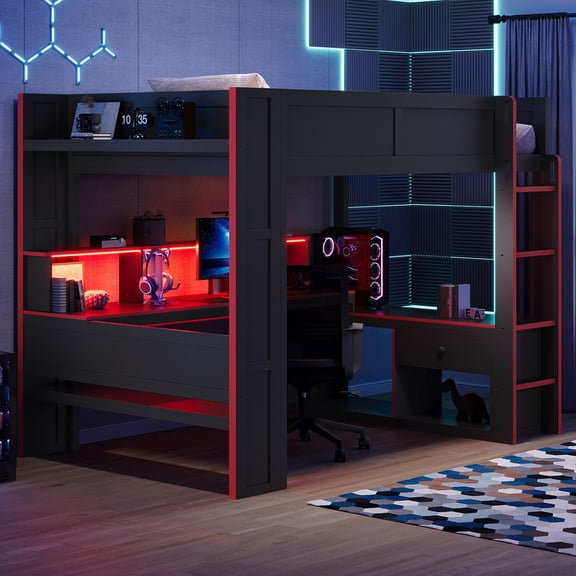 Euroco Wood Full Size Gaming Loft Bed with Desk and Shelves, LED Light and USB Ports, Black