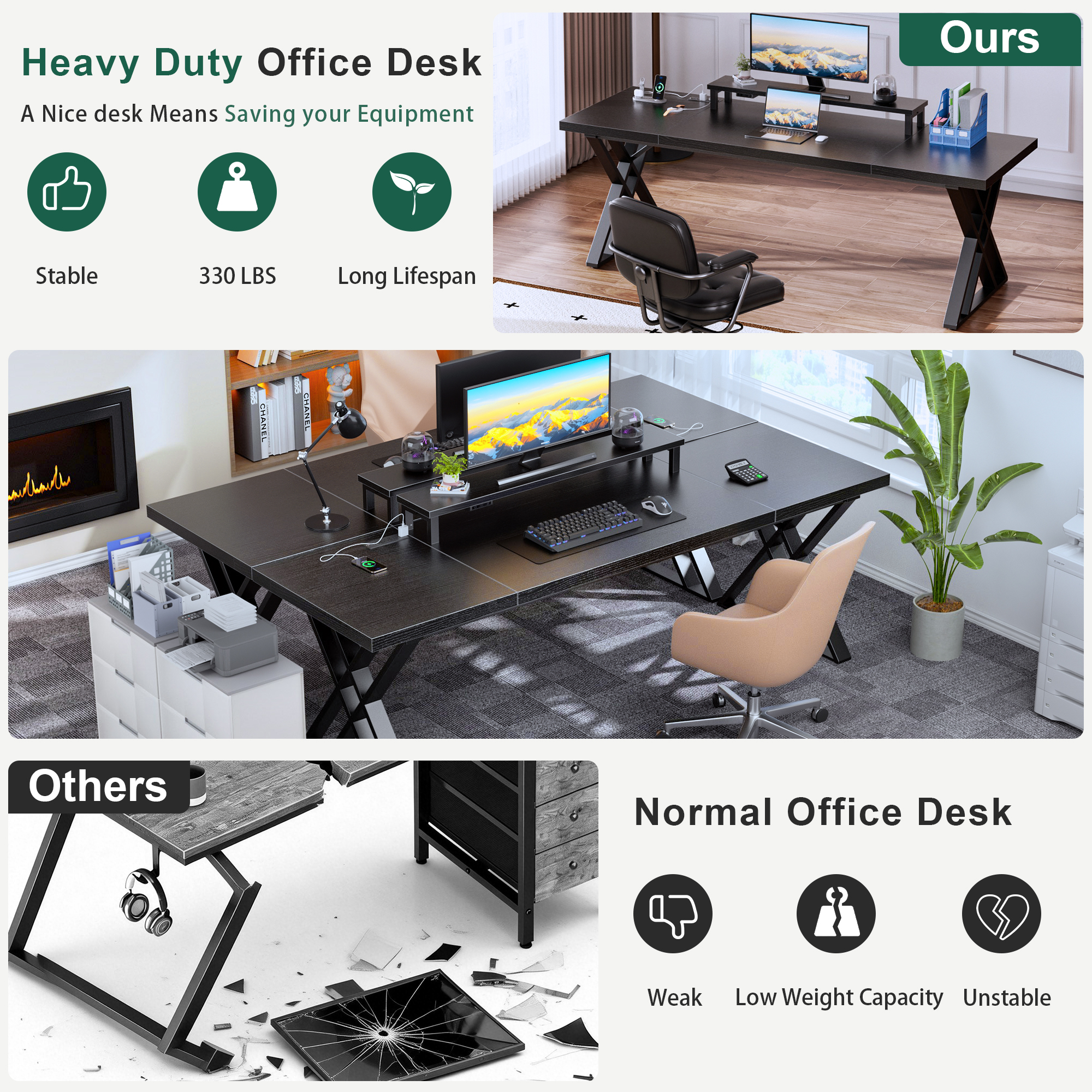 Executive Office Desk, Holaki 70.8" Large Farmhouse Wooden Office Desk with Desktop Stand and Charging Station, Study Writing Table Computer Desk Workstation for Home, Black