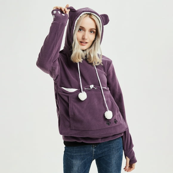 Virmaxy Women's Hooded Sweatshirt Round Ears Cute Cat Paw Printed Top Solid Colour Shaker Velvet Kangaroo Pocket Jacket Purple 3XL