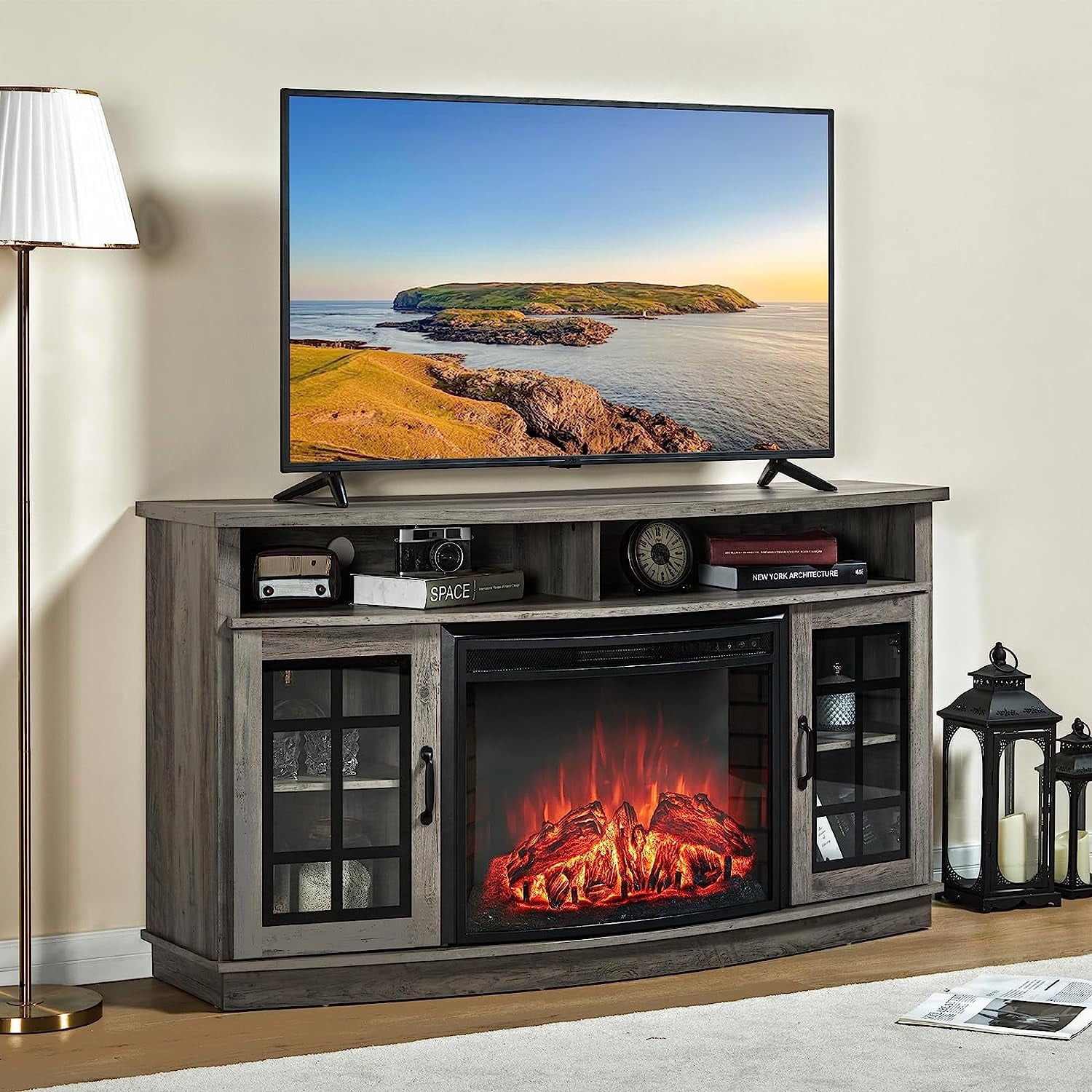 VANACC TV Stand with 26" Fireplace, 63" Entertainment Center with Fireplace', Wash Gray
