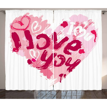 I Love You Curtains 2 Panels Set, Paintbrush Love Message Best Friends Forever February Wedding Engaged Image, Window Drapes for Living Room Bedroom, 108W X 90L Inches, Pale Pink Ruby, by