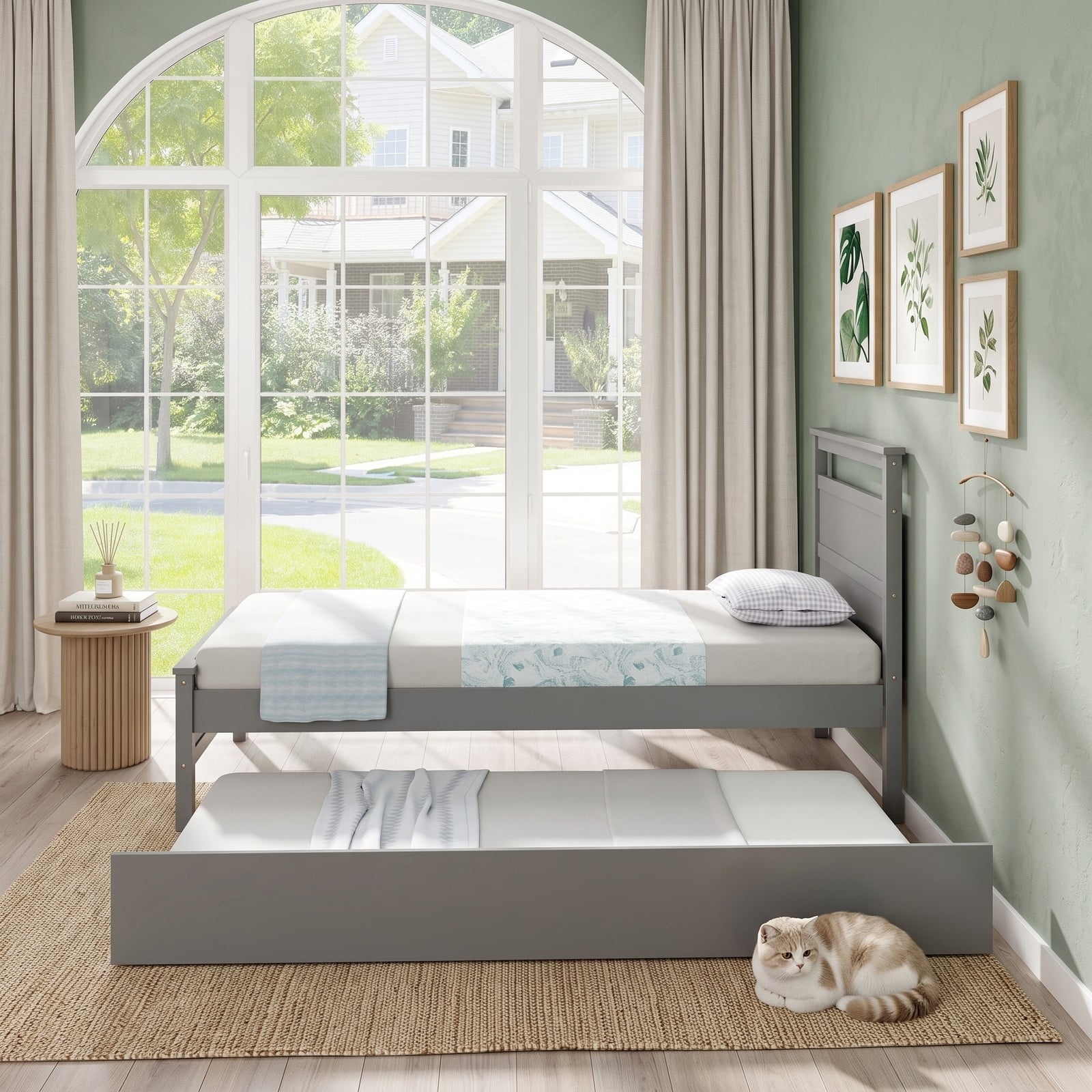 Furnibear Twin Bed Frame with Trundle, Wooden Platform Bed with Roll-Out Trundle and Plank Headboard, No Box Spring Needed, Gray