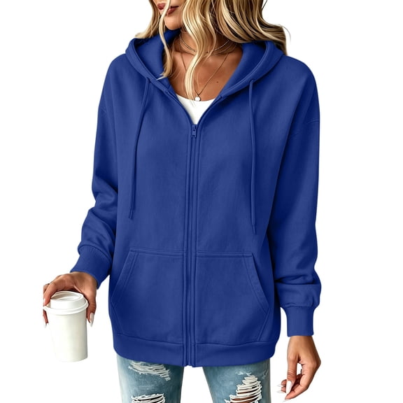 Hsovts Women Full Zip Hoodie, Loose Thin Fleece Sweatshirt with Pockets, Casual Fall Winter Jacket Blue L