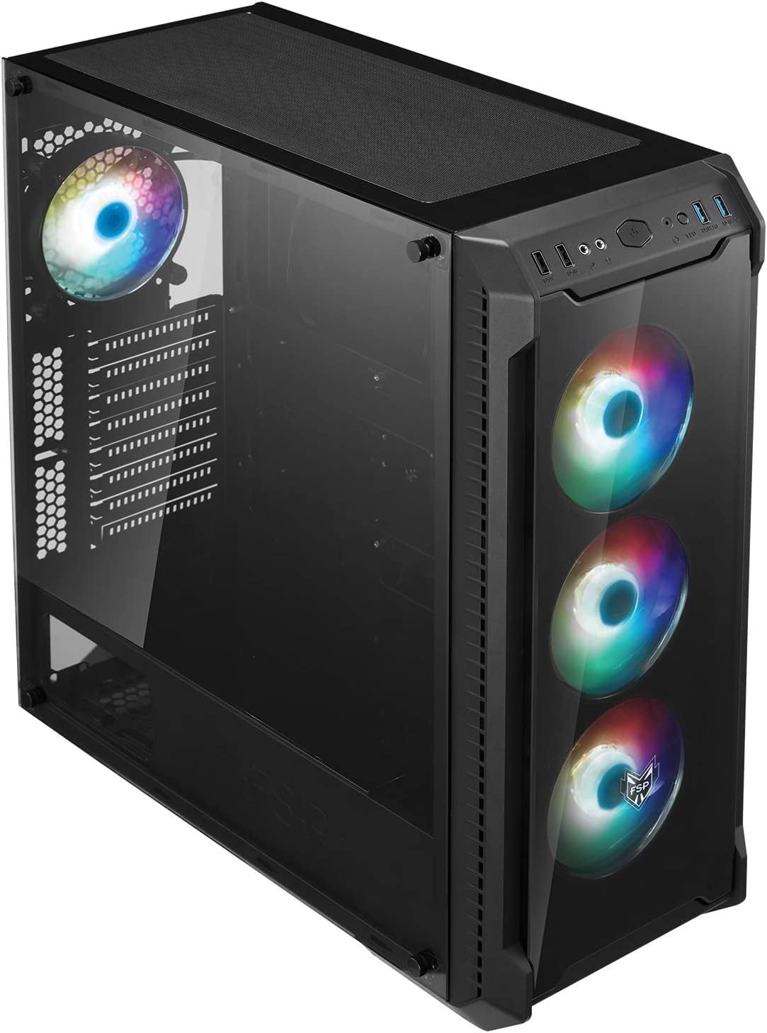FSP E-ATX Mid Tower PC Gaming Case with 2 Tempered Glass Panels, 4 Addressable RGB Fans, ASUS & MSI Motherboard Sync (CMT520 PLUS)