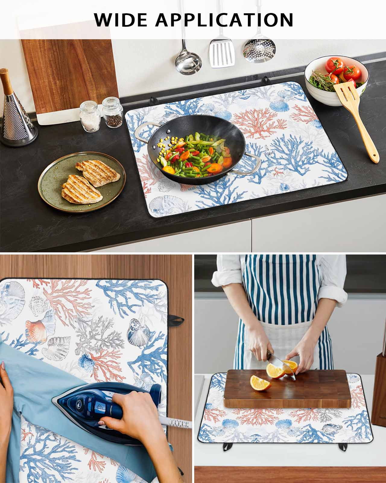 nqOlkjepod Large Induction Cooktop Protector Mat 24"x21", Coral Red Blue Grey Stove Top Covers for Electric Stove, Summer Ocean Coastal Shells Stove Burner Cover Mats, Glass Top Stove Cover