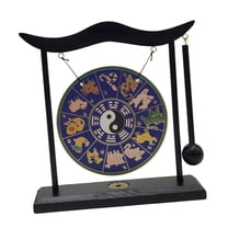 Gong Ornament Mini Chinese Gong with Stand, Feng Shui Gong Brass Desktop Gong Mini Wind Chimes Asian Gong Bells for Tabletop, Home Decoration Style F