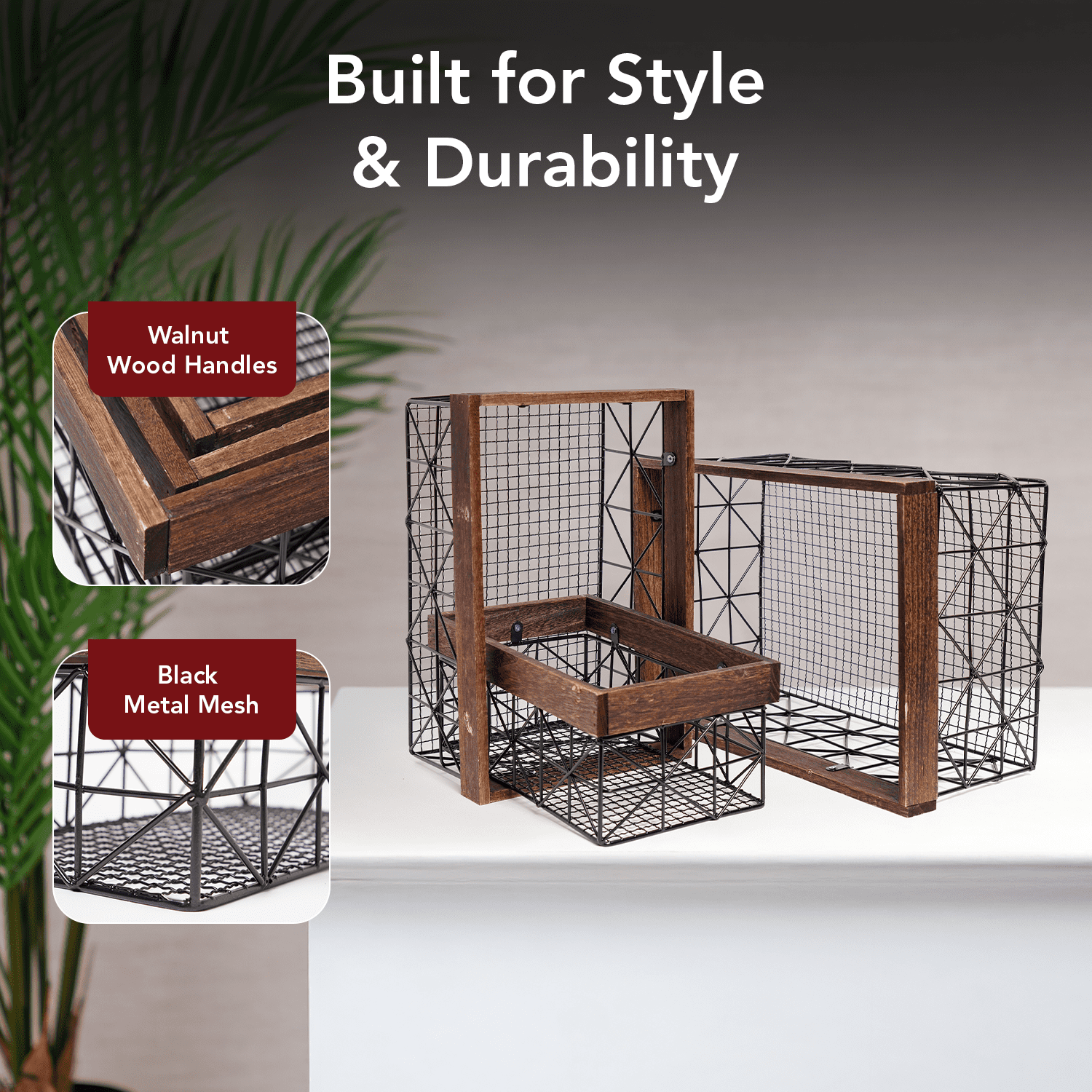 American Art Decor Contemporary Black and Walnut Metal and Wood Storage Basket Set of 3