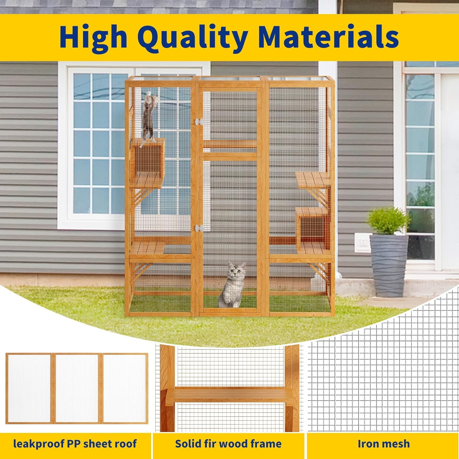 Akaber Large Outdoor Cat Enclosures with 7 Platforms & 2 Resting Rooms, Fir Wood Catio House with Waterproof UV Protection Roof, Indoor Outdoor Cat Furniture
