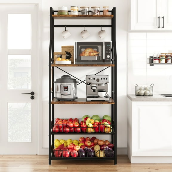 Kitchen Bakers Rack, Microwave Oven Stand with 2 Large Wire Basket, Industrial Coffee Bar Station with Large Open Storage Shelves, 5-Tier Kitchen Utility Storage Shelf with 8 Hooks