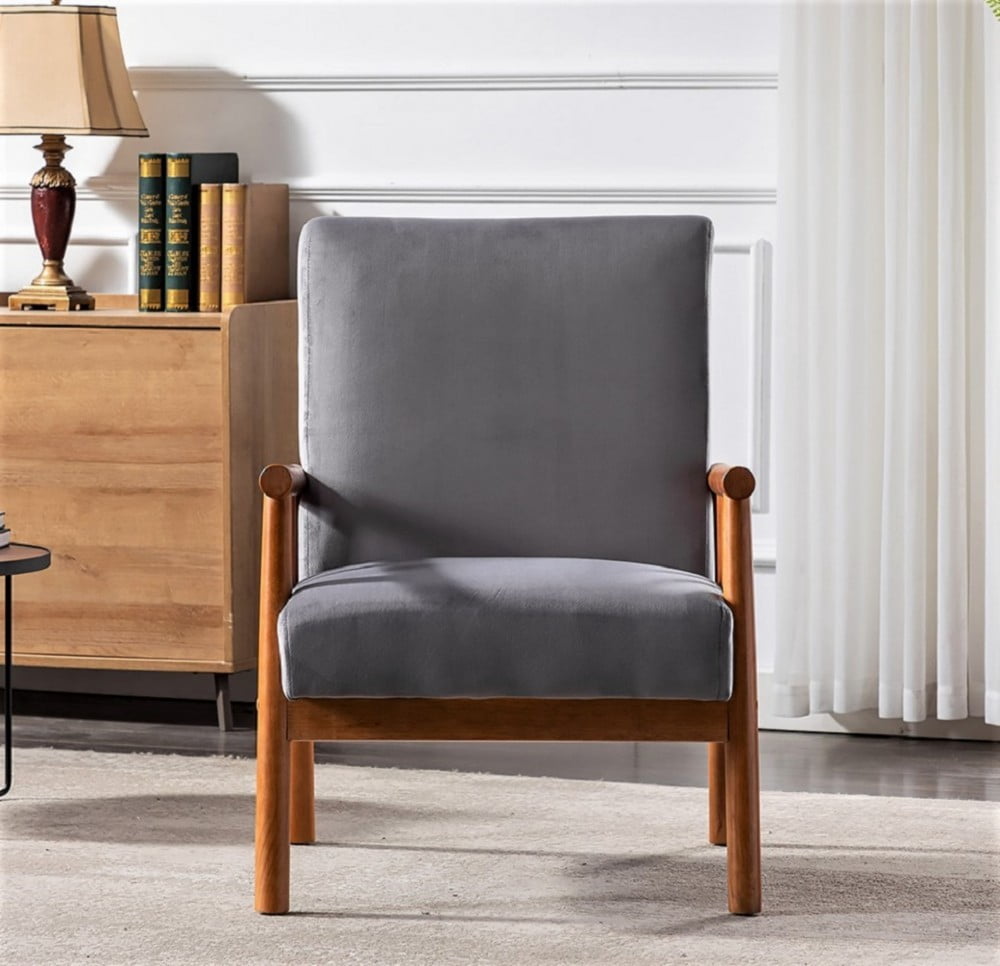 Mid Century Modern Accent Chair, 25" Wide Upholstered Armchair with Solid Wood Frame, Padded Seat & Arms, Black Velvet Lounge Chair for Living Room & Bedroom, Grey