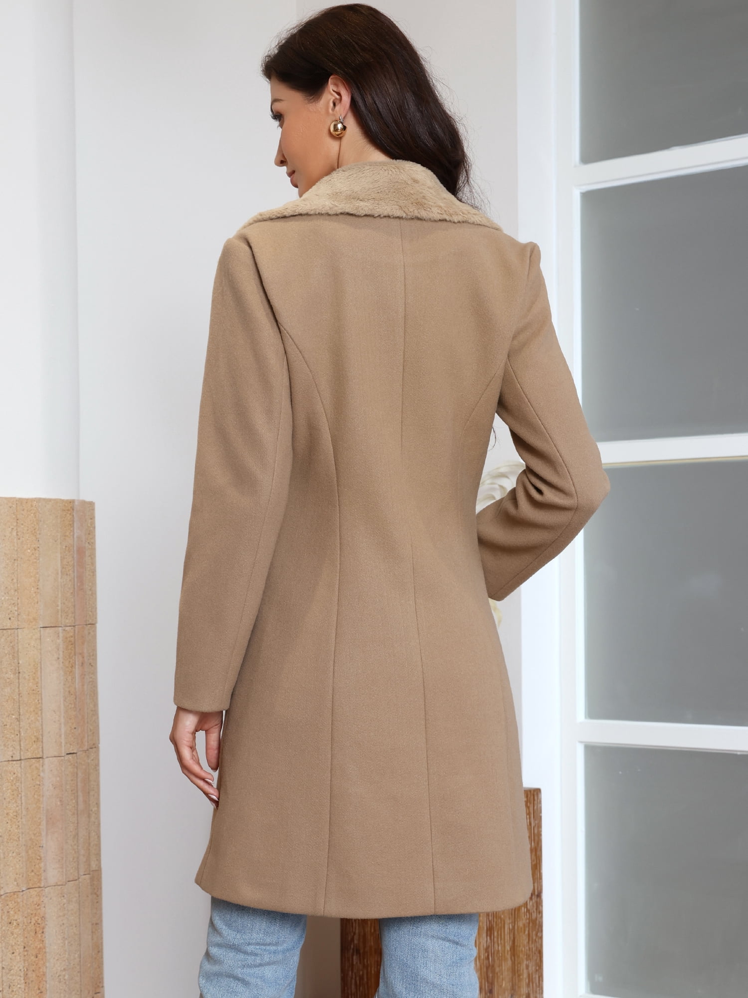 DARING DIVA Women's Winter Coat Faux Fur Collar Double Breasted Long Warm Coats XL Khaki