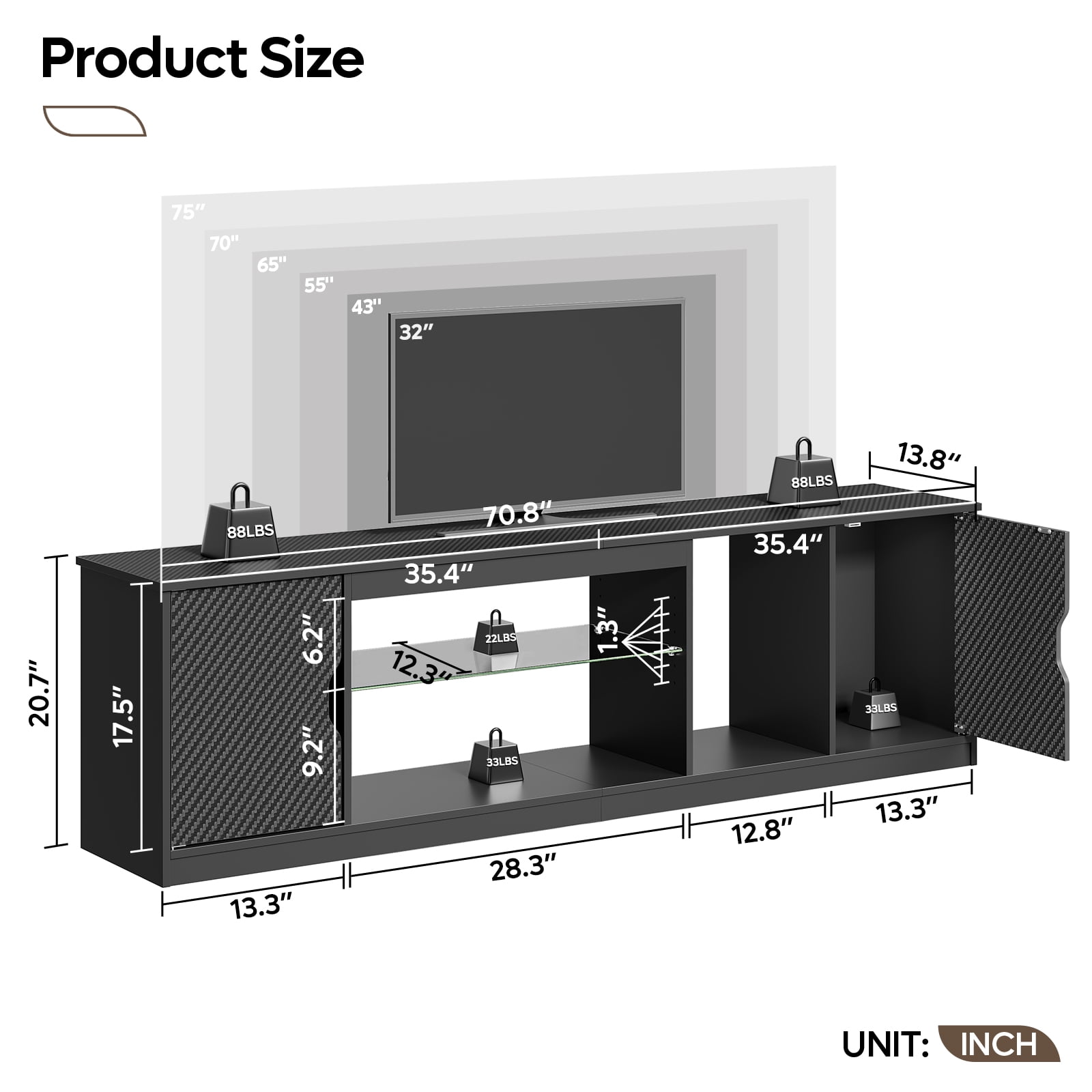 Bestier LED TV Stand for 75 in TVs, Gaming Entertainment Center with Storage for PS5, Adjustable Glass Shelf TV stand for Living Room, Black
