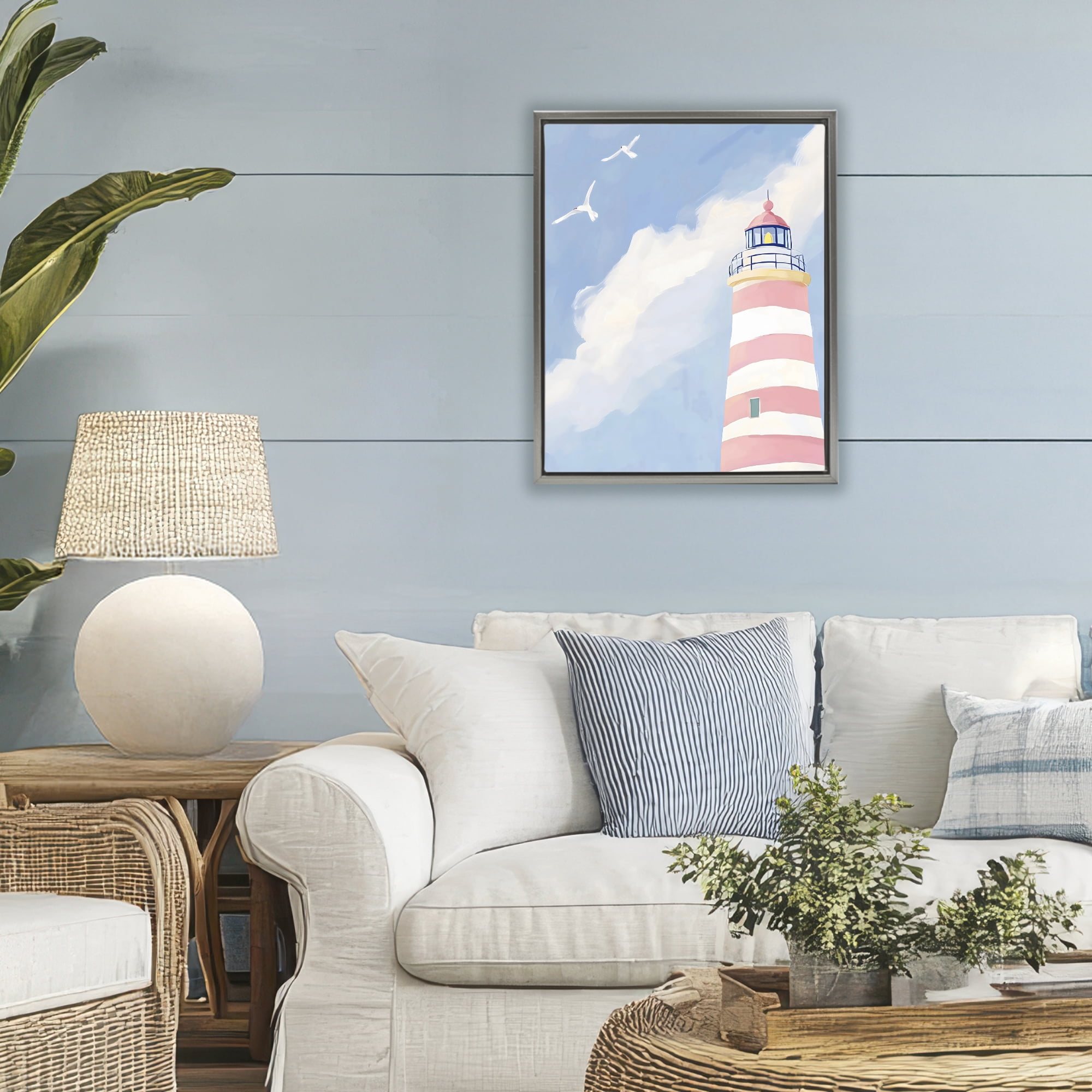 Stupell Industries Striped Lighthouse with Seagulls Gray Framed Floater Canvas Wall Art, design by The Prints Vibe