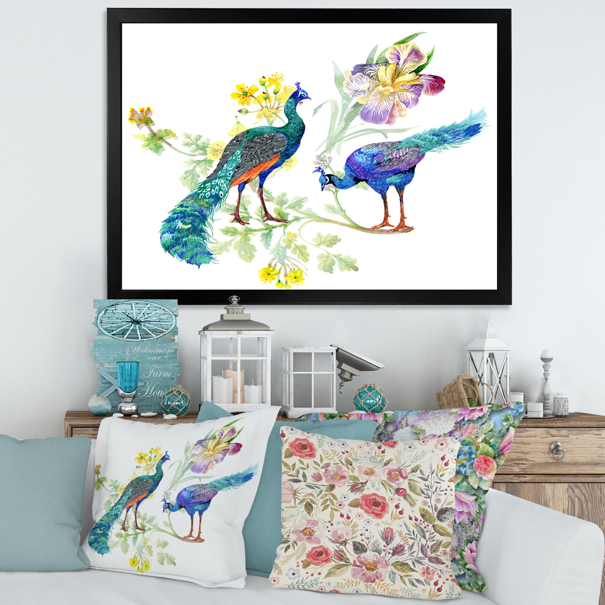 Designart 'Iris Flowers and Peacocks' Traditional Framed Art Print
