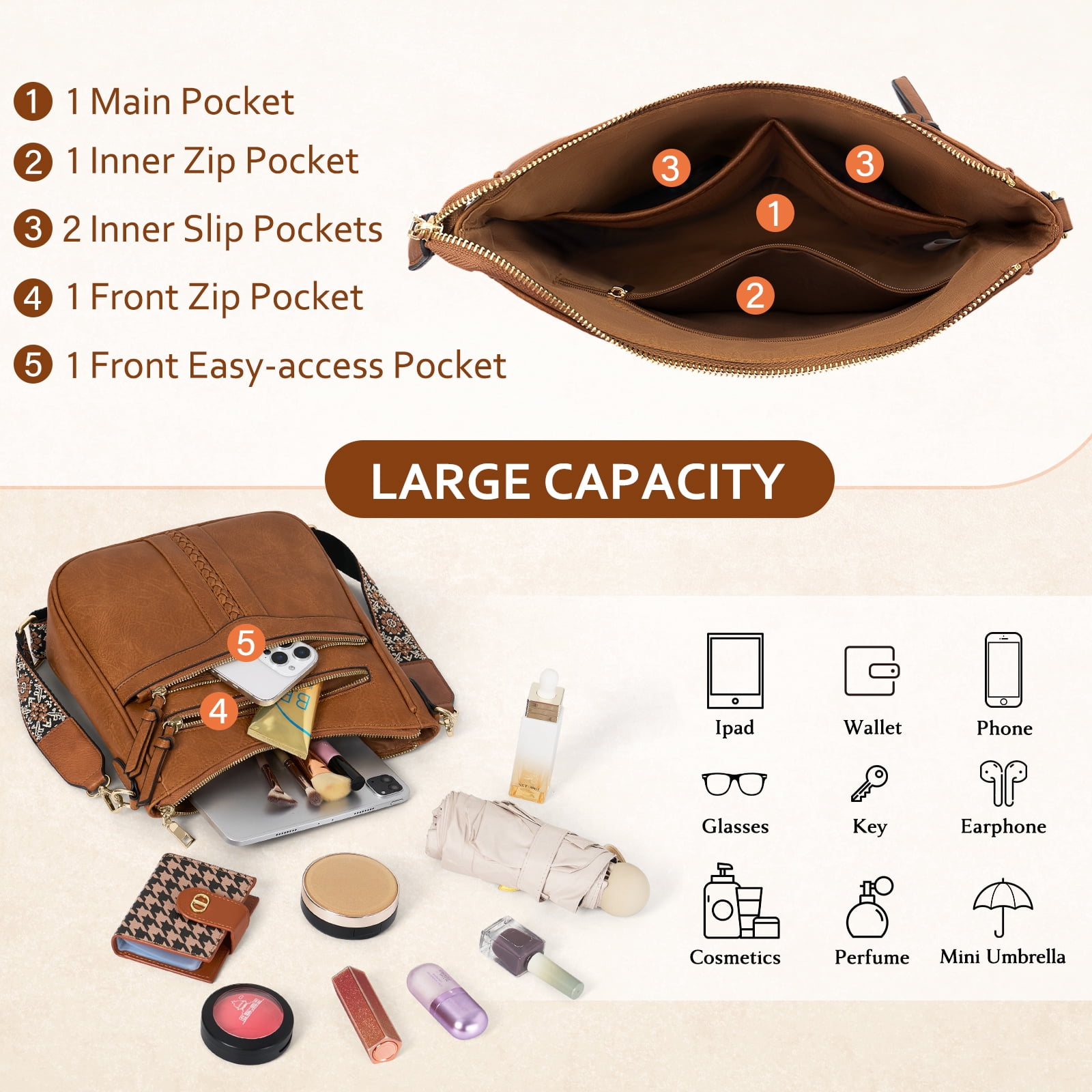 RAINSMORE Roomy Crossbody Bags for Women Trendy Handbags Crossbody Purses Soft Leather Shoulder Bag Lightweight Travel Purse