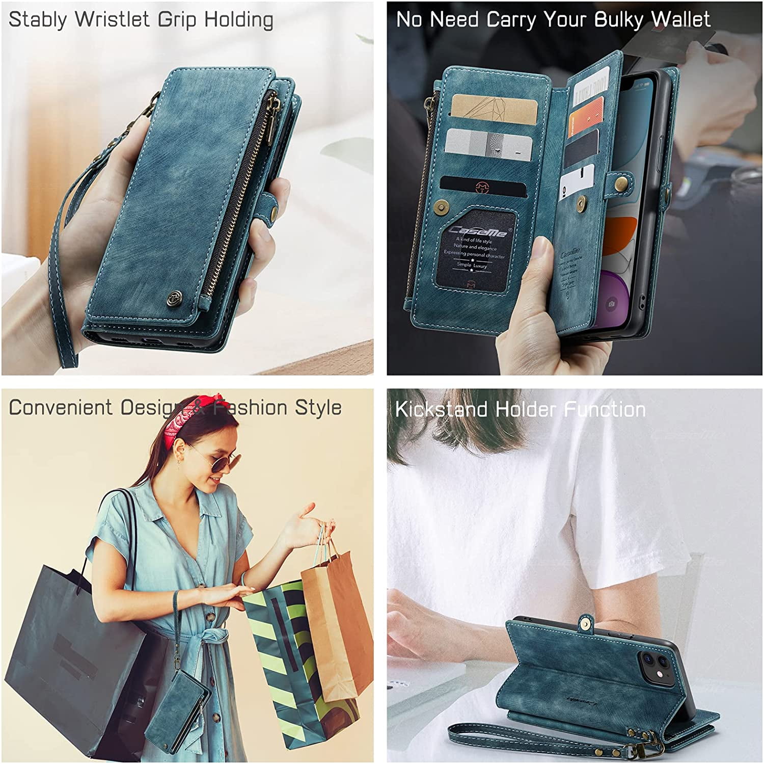 For iPhone 11 Case, iPhone 11 Wallet Case for Women Men, Durable PU Leather Magnetic Flip Lanyard Strap Wristlet Zipper Card Holder Wallet Phone Cases for iPhone 11 6.1-inch, Blue