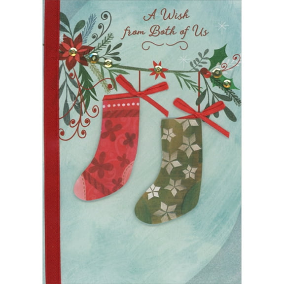 Designer Greetings Red and Green 3D Die Cut Stockings, Red Bows and Sequins on Thin Branch Hand Decorated Christmas Card from Both of Us