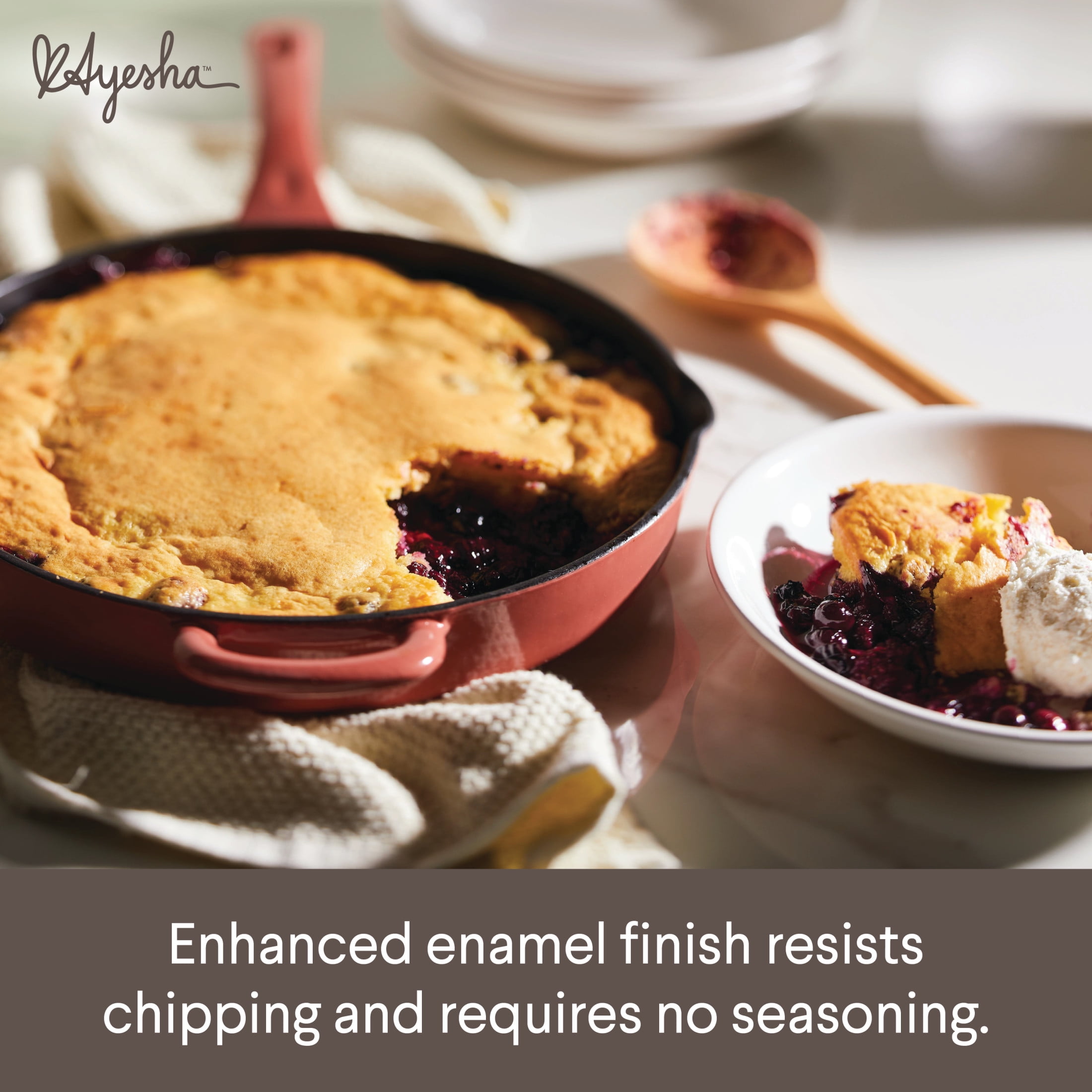 Ayesha Curry Enameled Cast Iron 12 inch Skillet with Helper Handle and Pour Spouts, Redwood Red