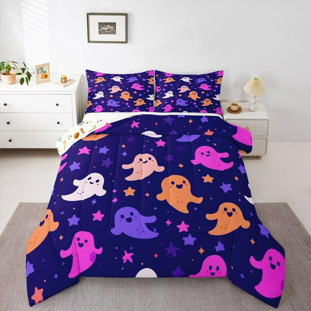 Erosebridal Colorful Neon Ghost Bedding Sets Twin with Comforter,Purple Stars Print Duvet Insert,Holleween Comforter Sets Twin Size,Ultra Soft Room Decoration Reversible,2pcs