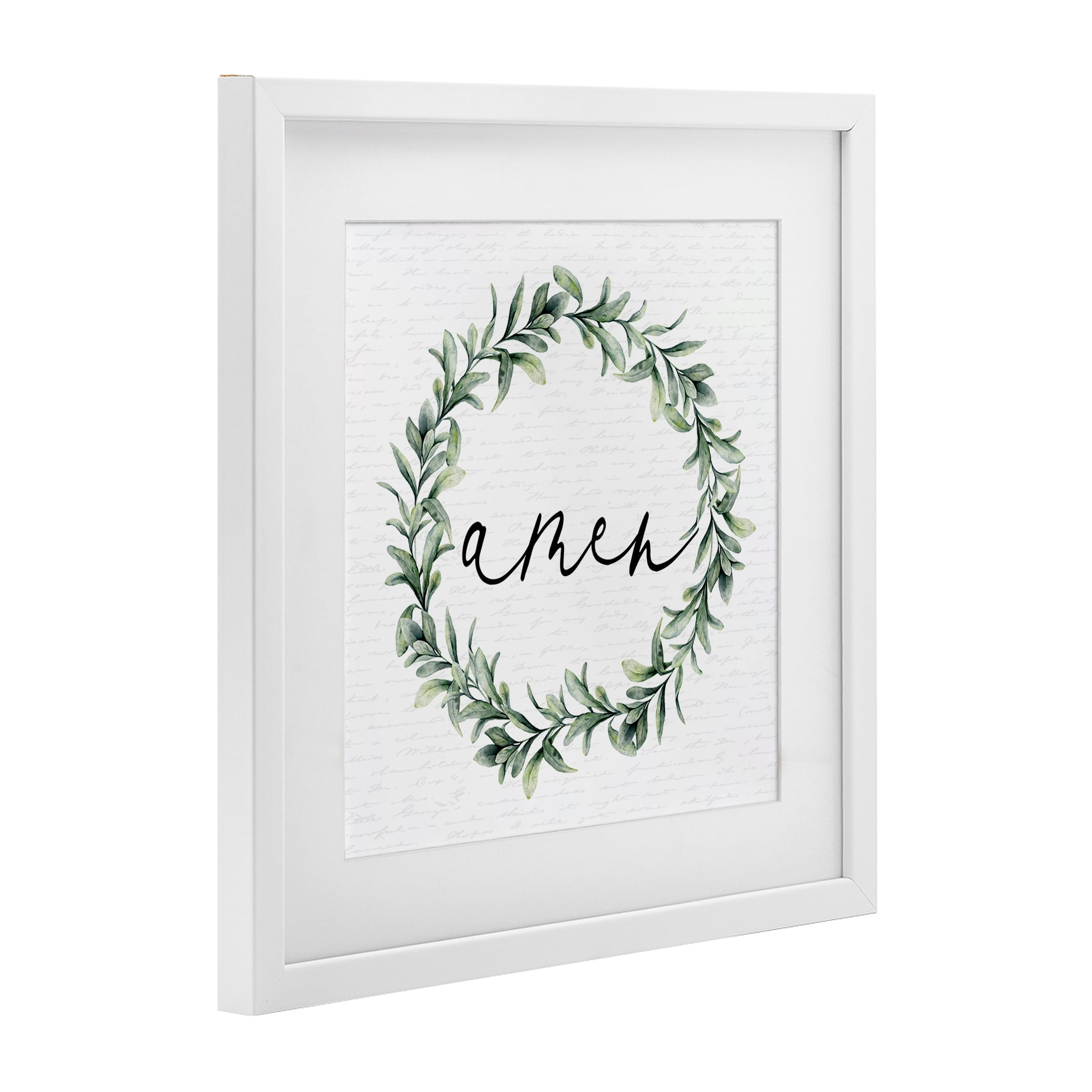 Amen Botanical Wreath & Script White Framed Print Under Glass, design by Lettered and Lined