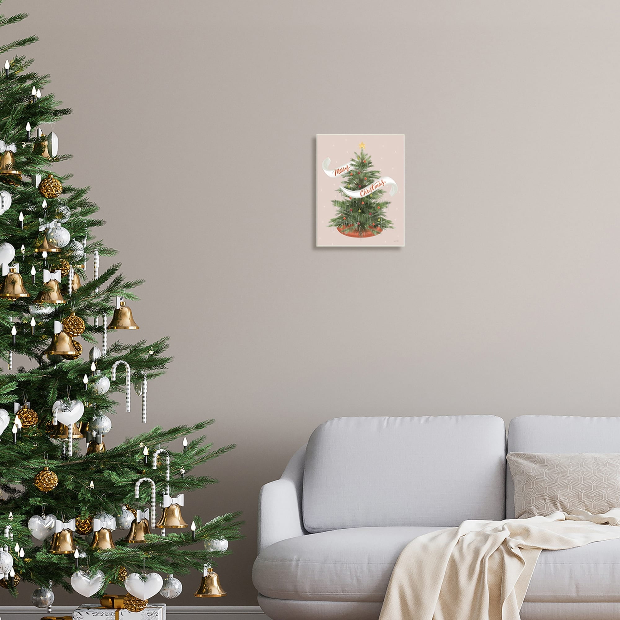 Merry Christmas Banner Decorated Christmas Tree Ornaments Botanical & Floral Graphic Art Unframed Art Print Wall Art