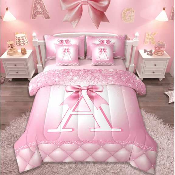 jejeloiu Letter A Monogrammed Twin Bedding Sets 7-Piece,Cute Bow Cowtie Bedding Comforter Set,Pink Glitter Print Sheet Sets For Child,Microfiber Room Decorative Reversible