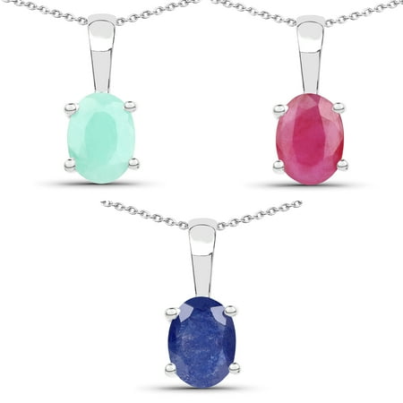- 925 Sterling Silver Emerald, Glass Filled Ruby and Glass Filled Sapphire Pendant (2.65 Carat)