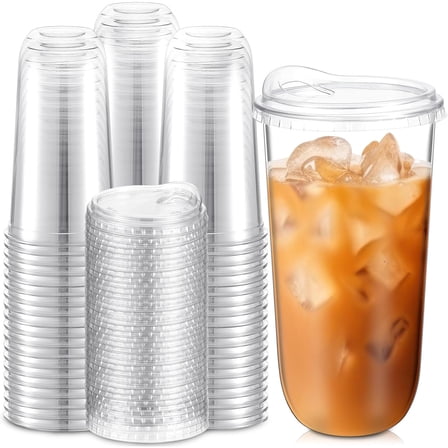 Clear Plastic Cups with Strawless Sip Lids Disposable Round Bottom Togo Cups for Coffee Smoothie Cold Beverage Coffee Shops and Party Catering(20 oz,100 Pcs)