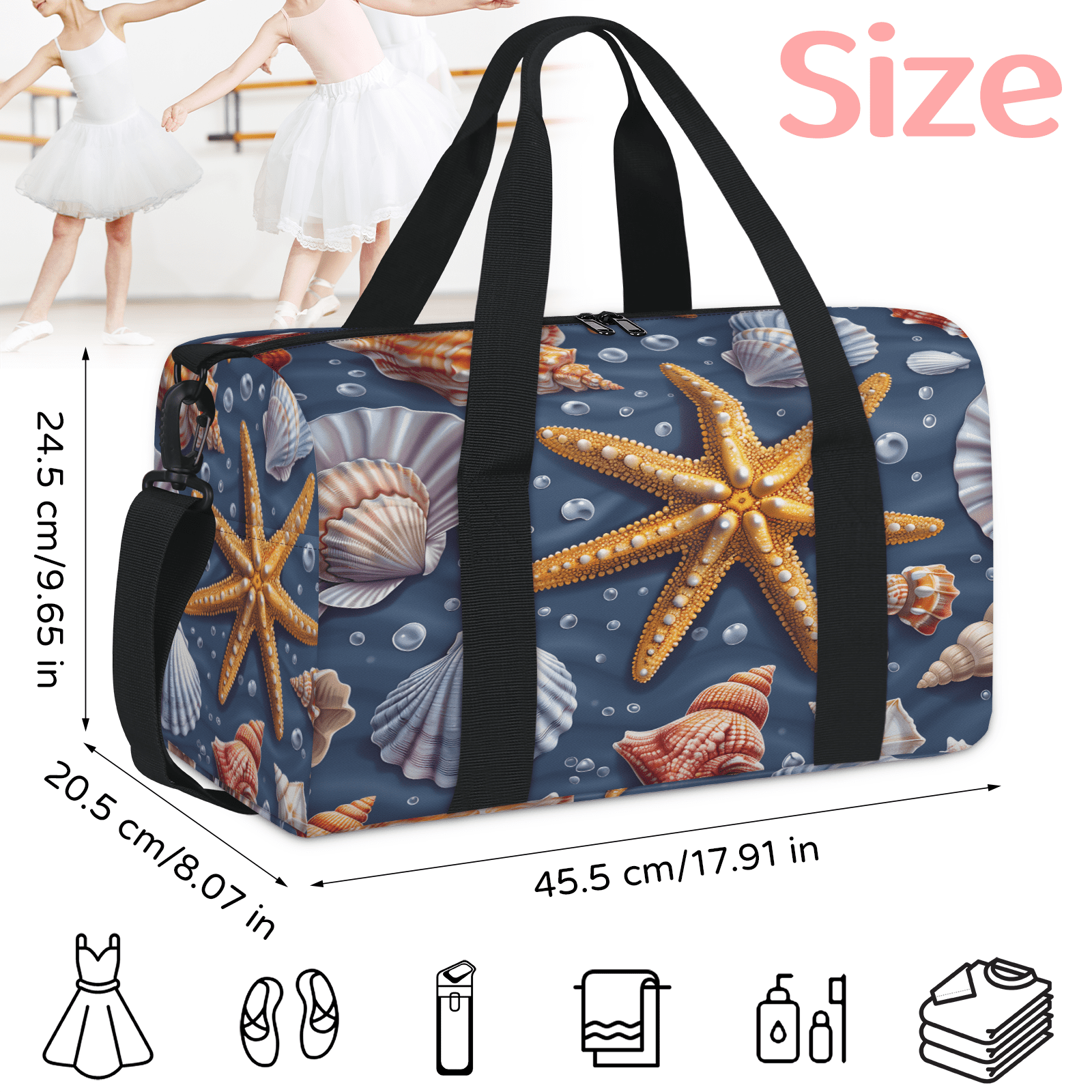 Herdesigns Starfish Gym Bag for Women, Duffle Bag for Travel Sport, Ocean Theme Lightweight Waterproof Carry on Weekender Dance Yoga Workout Bags