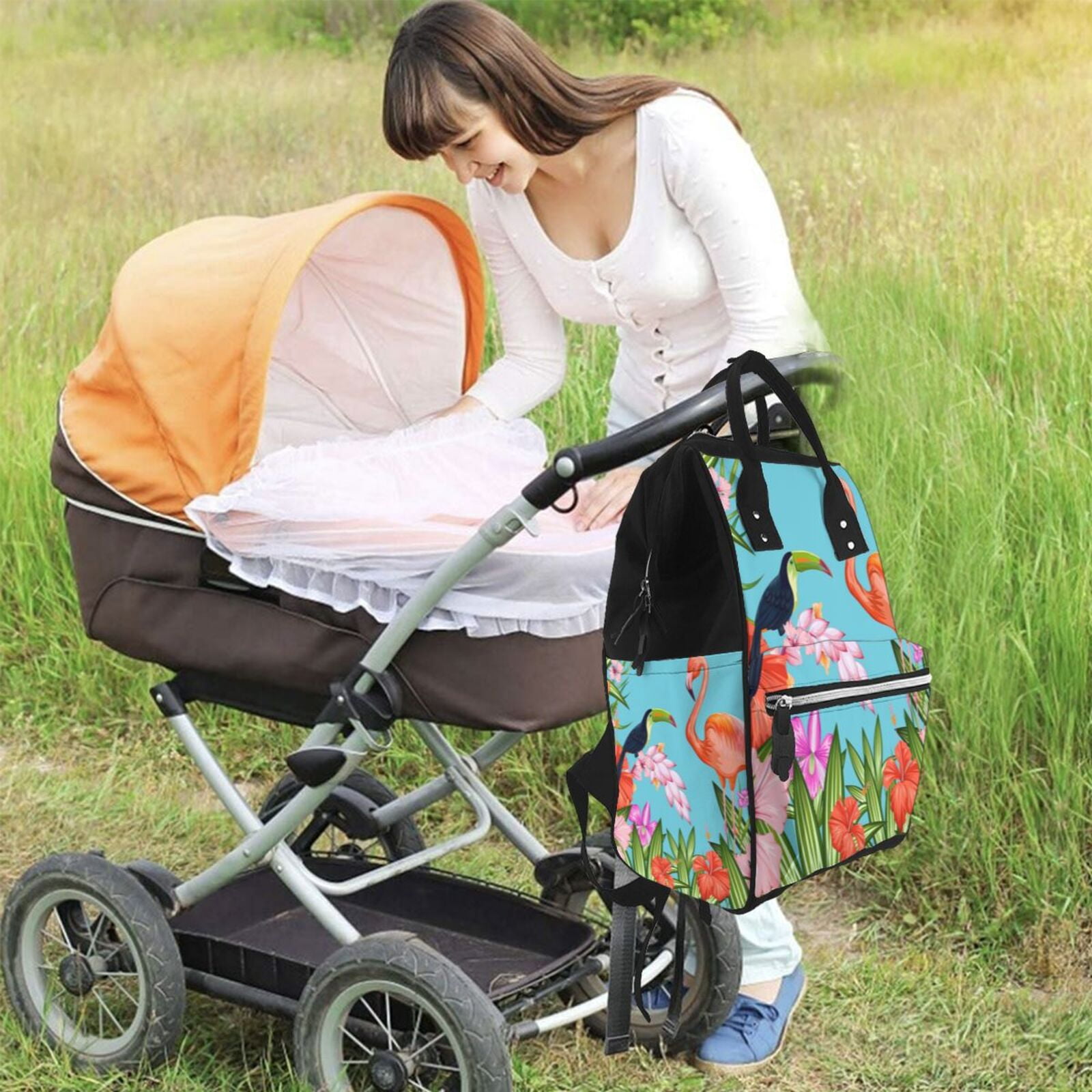 Ratiio Tropical Jungle Flamingo Mummy Backpack - Waterproof Twill Canvas, Large Capacity Diaper Bag with Multiple Pockets and Adjustable Straps