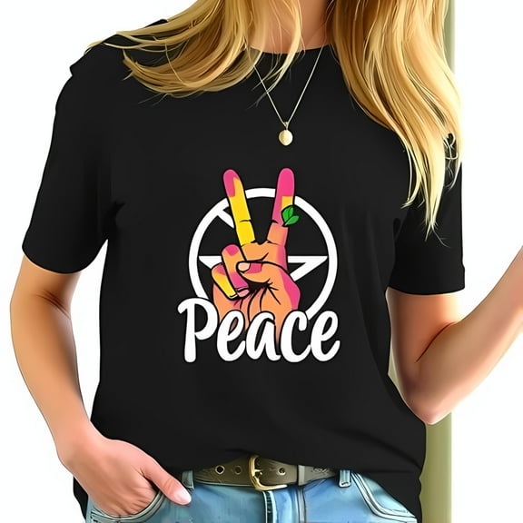 Colorful Peace Sign Cotton Short Sleeve T-Shirt for Women - Vibrant Hand Design with & Positive Message