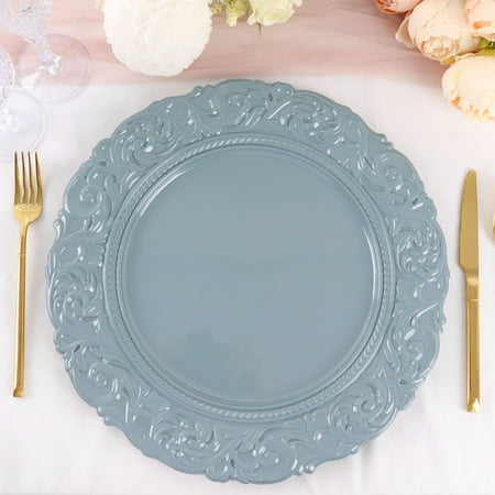 

Efavormart Set of 6 Dusty Blue 14 Round Plastic Charger Plates With Engraved Baroque Design Rim For Wedding Party Events
