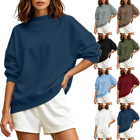 Womens Crewneck Sweatshirts - Loose Long Sleeve Tops Fall Casual Solid Color Pullover Navy XL