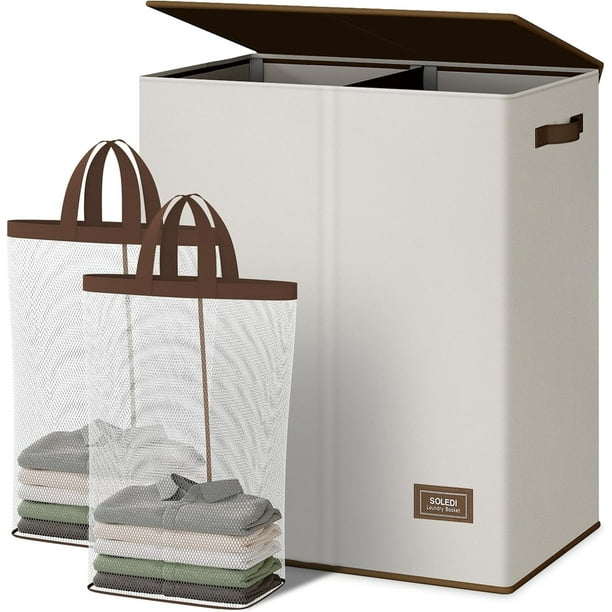 Cesto de ropa sucia doble con tapa y asa, cesto de ropa sucia de 2 secciones con bolsa extraíble, cestos de ropa sucia plegables para lavandería, dormitorio, dormitorio universitario