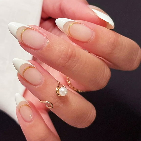 24 Pcs Press On Nails Set Almond Acrylic False Nails with Milky French Designs Stick on Nail for Women