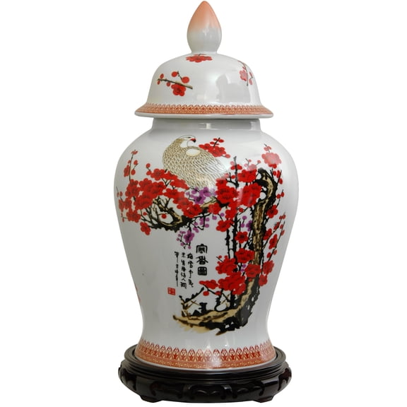 Red Lantern 18" Cherry Blossom Design on White Porcelain Temple Jar