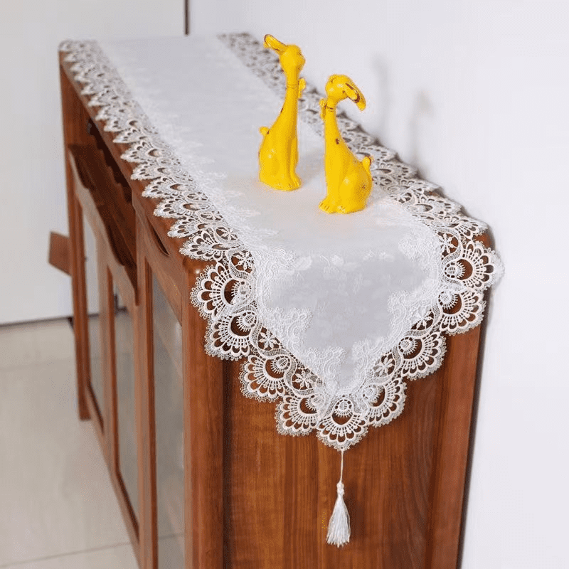 16x63" White Lace Table Runner - Embroidered Rectangular Farmhouse Table Cover for Dining Table, Coffee Table, Dresser  Washable Linen-Like Polyester
