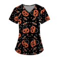thumbnail image 1 of Camisa de uniforme médico de manga corta con cuello en V y temática de Halloween para mujer con estampado de calabaza, 1 of 3