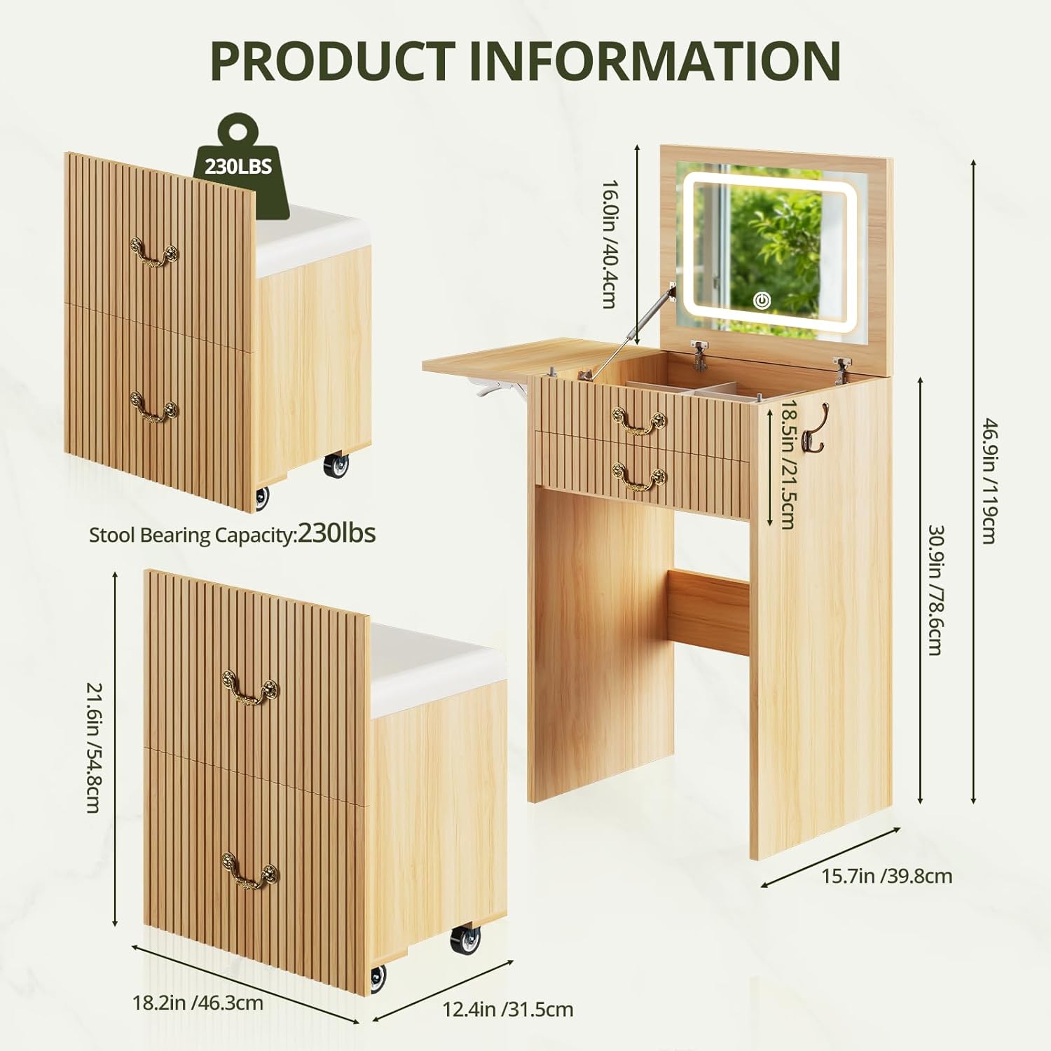 SELOOYE 3-in-1 Vanity with Flip Mirror & Lights, Fluted Compact Vanity Table with 3 Drawers, Storage Compartment and Rolling Stool, Modern Small Makeup Vanity for Bedroom, Powder Room, Natural Oa