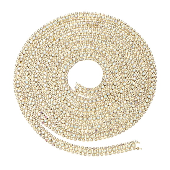 Uxcell 2 Yards 3 Rows Crystal Rhinestone Close Chain Trim, Claw Cup Chain with Gold Base for DIY Craft, AB Color