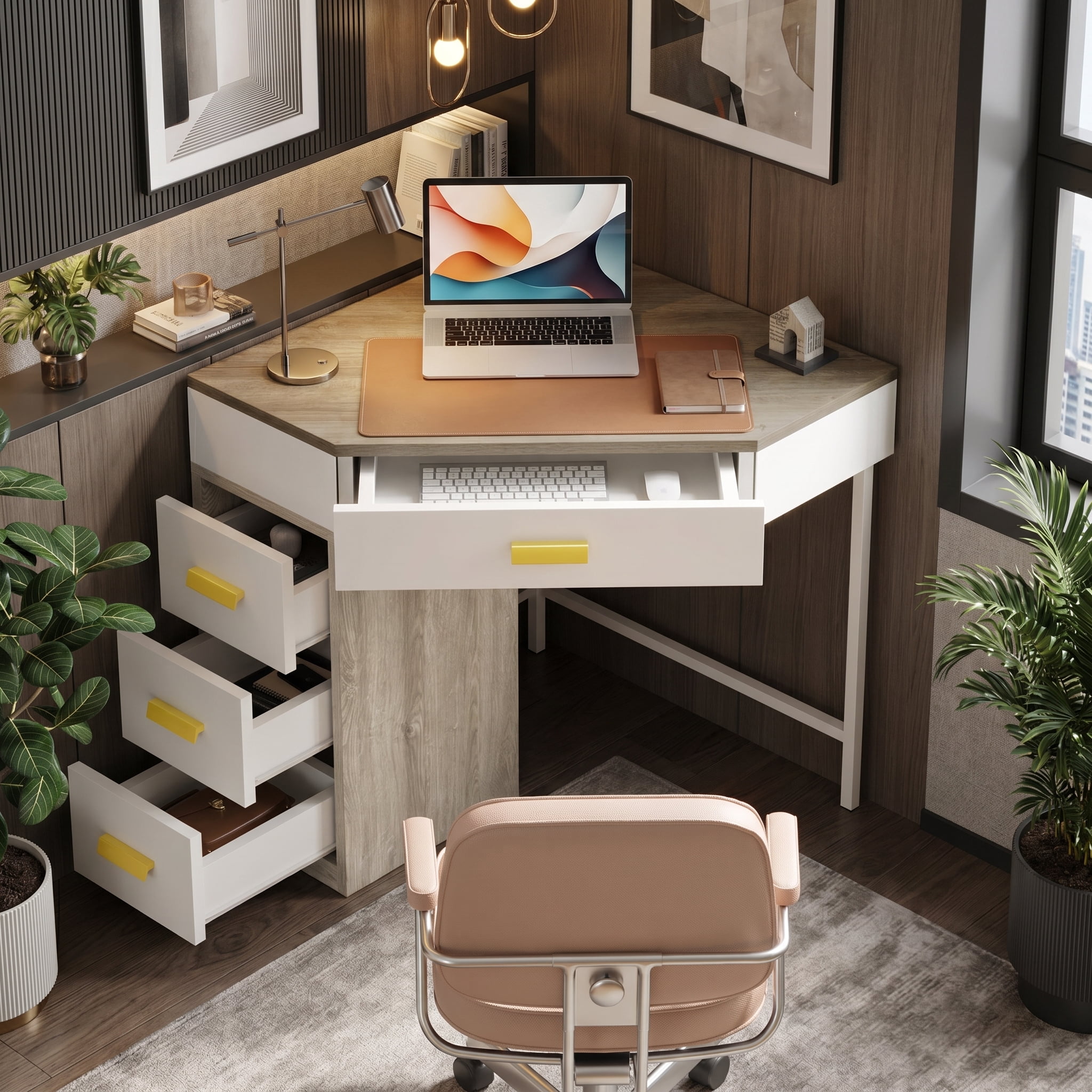 Fnova Corner Desk for Small Space, Triangle Computer Desk with 3 Drawers, 90-Degree Makeup Vanity Desk for Home Office, Bedroom (Grey+White)