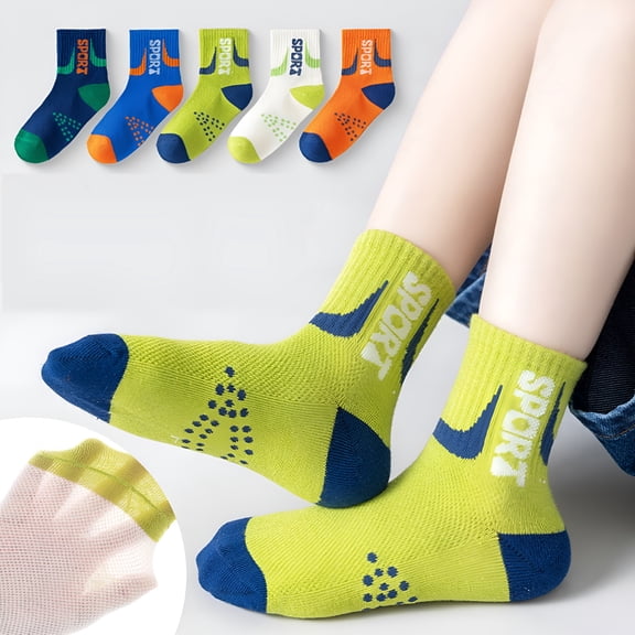OQRKI Socks for Boys Child Letter Print Quarter Casual 5 Pairs Mesh Green Sports Size 6-8 Years Boys Socks 6-8 Years Old