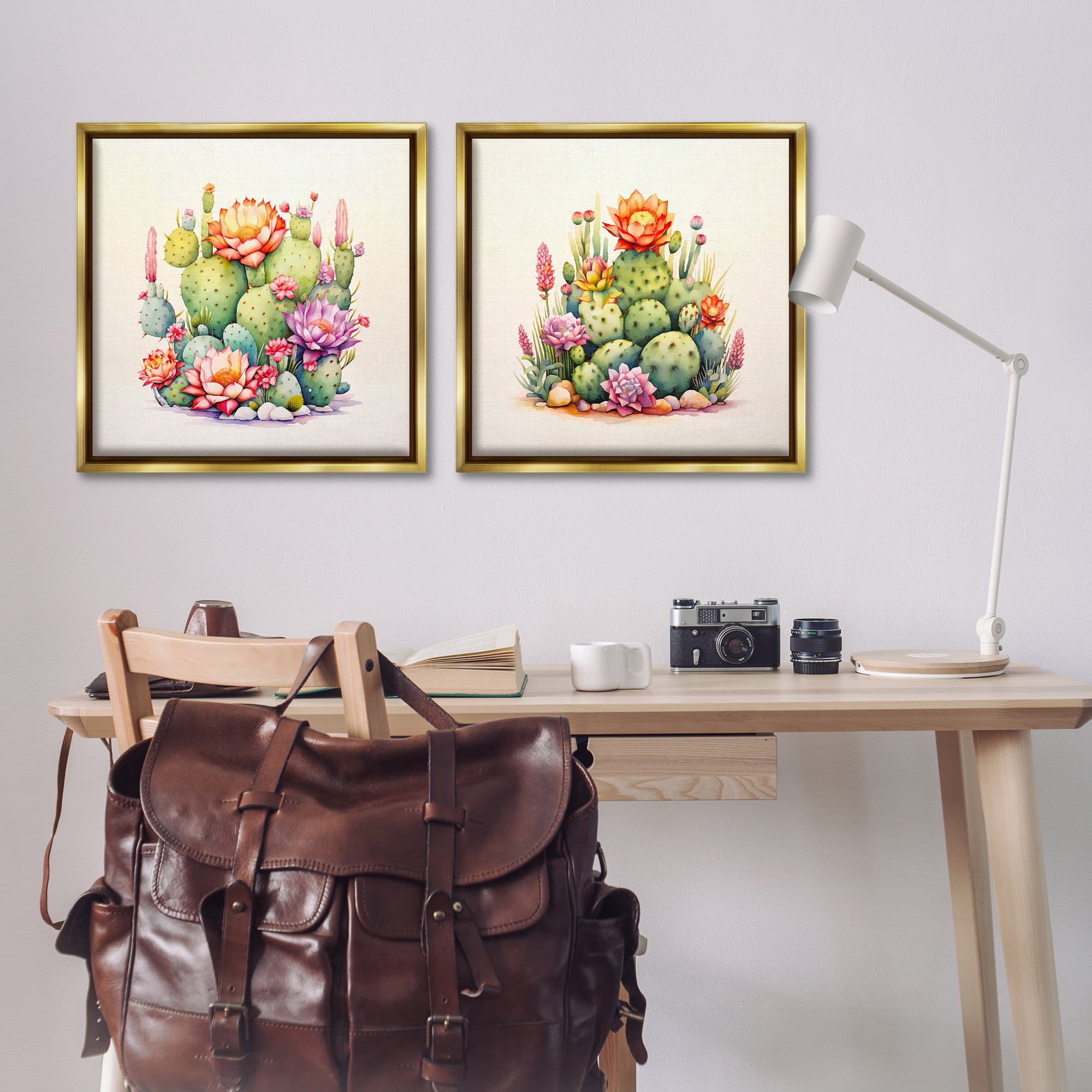 Stupell Industries Desert Spring Cactus Flowers Plants & Flowers Painting Gold Floater Framed Canvas Art Print Wall Art, 25 x 25, Set of 2