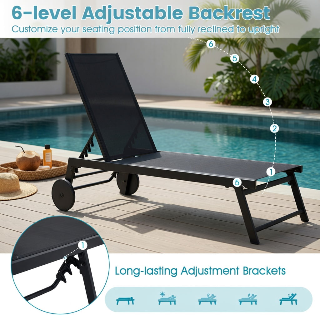 Hommoo Adjustable Patio Chaise Lounge Chair with 6-Position Backrest, Smooth-Rolling Wheels & Breathable Fabric, Metal Outdoor Recliner for Poolside, Deck & Backyard, Black