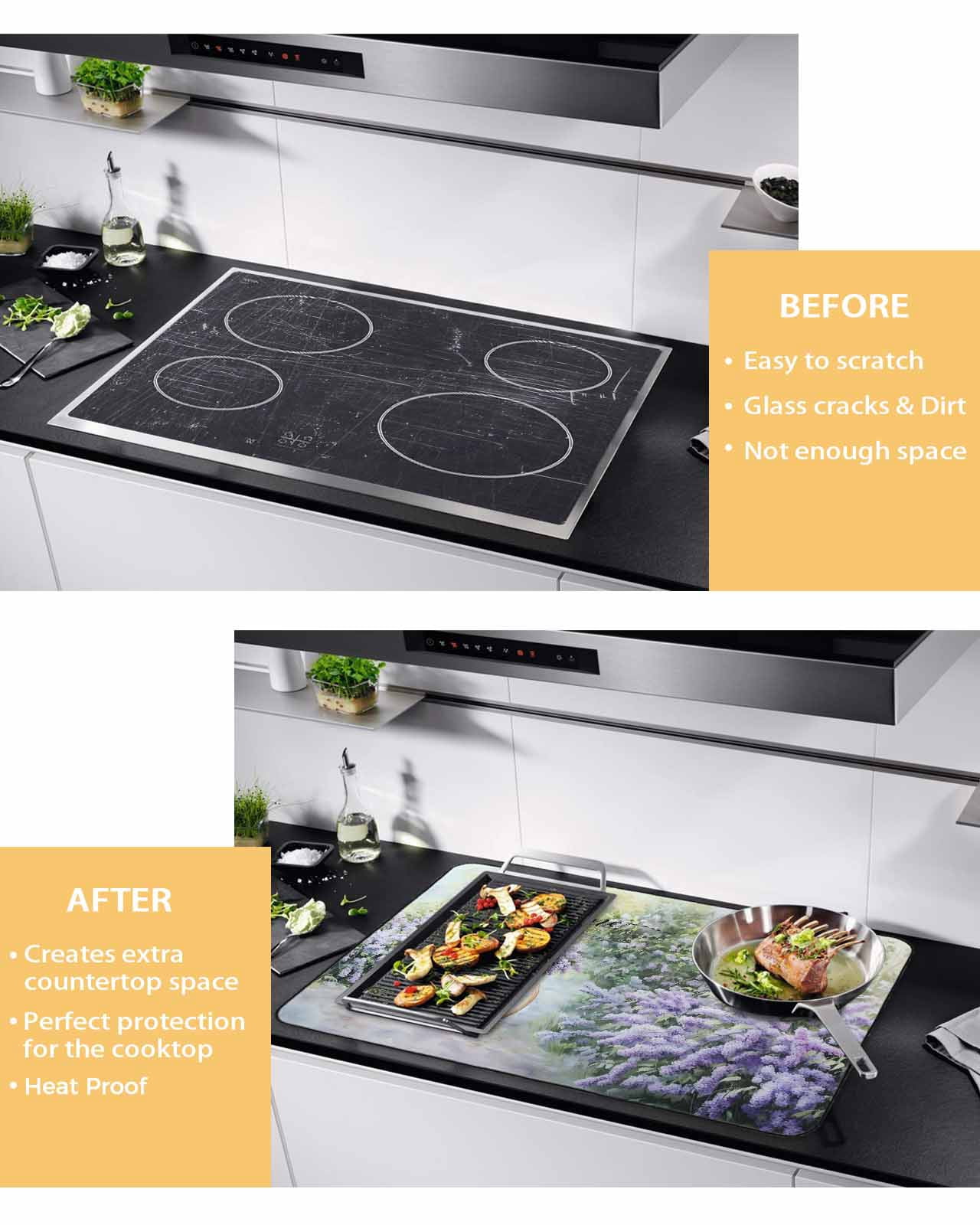 nqOlkjepod Large Induction Cooktop Protector Mat 24"x21", Purple Lavender Stove Top Covers for Electric Stove, Green Leaves Spring Bike Botanical Stove Burner Cover Mats, Glass Top Stove Cover