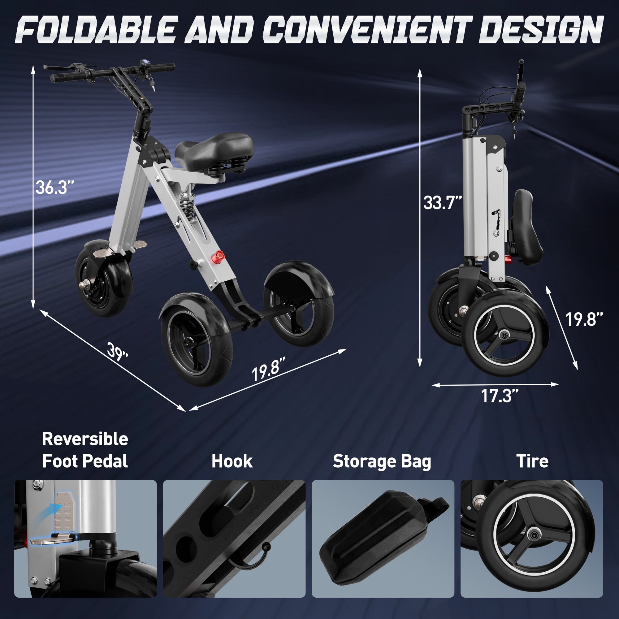 Bike Skeri Foldable Electric Tricycle for Adults, 2-in-1 Commuter Trike with Reverse Gear, up to 15Mph & 20 Miles 3 Wheel E-Scooter with Seat
