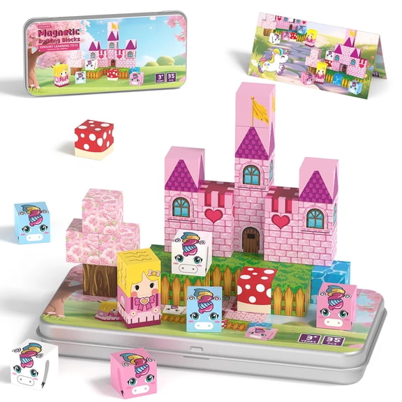 Mini Magnetic Blocks, Magnetic Blocks Travel with Portable Iron Storage Box, 35PCS Magnet Building Blocks for Toddlers, Educational Magnet Toys for Ages 3 4 5 6 7 8 Boys Girls